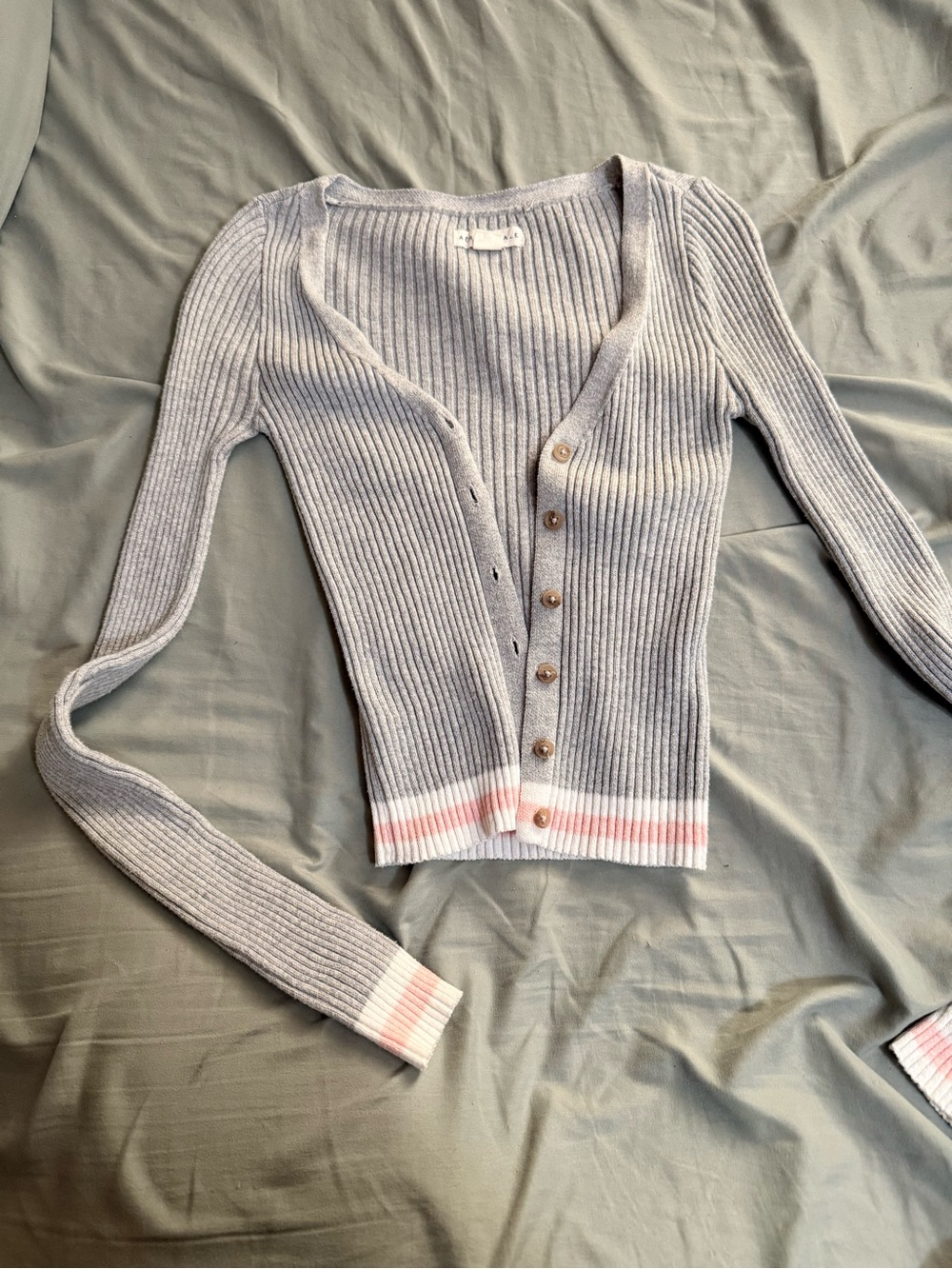 Aeropostale Light Gray Ribbed Button Cardigan with Pink Trim